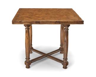 3267 A Baroque style parquetry walnut table 20th century Raised on turned columnar legs joined by an X-stretcher, each side of the square with rounded extensions Height 30 in.; width as a square 36 1/4 in., depth 36 1/4 in.; diameter as round 51 1/4 in. Estimate: $400 - $600