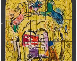 3396 After Marc Chagall (1887-1985) Tribe of Levi poster for the Musee des Arts Decoratifs exhibition, "Chagall: Vitraux pour Jerusalem," by Charles Sorlier, 1961 Lithograph in colors on thin wove paper From the poster edition of 2000 with text (aside from the separate signed and numbered edition of 150 plus 75 in Roman numerals and at least 10 artist's proofs, all on Arches paper, without text, printed in 1964 for the "Twelve Maquettes of Stained Glass for Jerusalem" series) Signed in white pencil below the image: Marc Chagall; Mourlot, Paris, France, prntr.; Musee des Arts Decoratifs, Paris, France, pub. Image/Sheet: 31 1/2 x 20 3/8 in. Estimate: $200 - $400