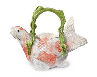 3064 Magie Smith-Fleisher (20th Century) A koi-form studio ceramic teapot, late 20th century Glazed ceramic Signed to underside: Magie Height 10 1/8 in., width 12 1/2 in., depth 5 1/2 in. Estimate: $200 - $300