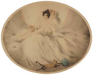 3008 Louis Icart (1888-1950) "Ball of Yarn," 1924 Drypoint, etching, and aquatint in colors with touches of hand coloring on wove paper From the edition of unknown size Signed and inscribed in pencil, and with the artist's windmill blindstamp along the lower platemark: Louis Icart / 139; printed in the plate, near the upper platemark "Copyright 1924 by Les Graveurs Modernes 194. Rue de Rivoli. Paris" Plate: 16 1/4 x 20 1/2 in.; Sight: 17 1/8 x 21 1/2 in. Estimate: $400 - $600