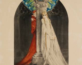 3207 Louis Icart (1888-1950) "Faust," 1928 Drypoint, etching, and aquatint in colors with touches of hand coloring on wove paper From the edition of unknown size Signed and inscribed in pencil, and with the artist's windmill blindstamp along the lower platemark: Louis Icart / E469; printed in the plate, near the upper platemark "Copyright 1928 by L. Icart, Paris. Edité par Les Graveurs Modernes 194. Rue de Rivoli. Paris" Plate (irreg.): 21 1/2 x 14 in.; Sight: 26 3/4 x 20 1/4 in. Estimate: $400 - $600