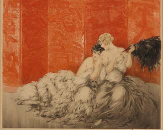 3187 Louis Icart (1888-1950) "Mockery" (or "Moquerie"), 1928 Drypoint, etching, and aquatint in colors with touches of hand coloring on wove paper From the edition of unknown size Signed and inscribed in pencil, and with the artist's windmill blindstamp along the lower platemark: Louis Icart / 484; printed in the plate, near the upper platemark "Editions d'Art Devambez. 23 Rue Lavoisier. Paris" Plate: 15 3/4 x 19 in.; Sight: 16 1/4 x 19 in. Estimate: $700 - $900