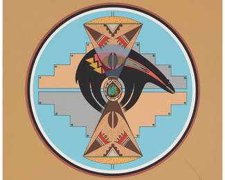 3053 Tony Da (1940-2008, San Ildefonso Pueblo) "Fetish Bear," 1995 Screenprint in colors with turquoise stones on paper Edition: 67/150 Signed with initials and numbered "67-150" in pencil, in the lower right and left corners, respectively: TDA Image/Sheet: 21 1/8 x 21 in. Estimate: $1,200 - $1,800