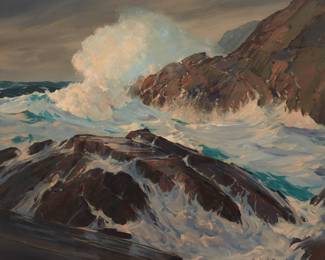 3142 Rockwell Smith Brank Jr. (1917-2007) "Rockbound Coast," 1954 Oil on canvas Signed lower right: Rockwell Brank; signed again, dated, and titled on the stretcher 25 x 30 in. Estimate: $500 - $700