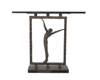 3375 A Global Views bronze and granite "Reach Out" console table Early 21st century With granite top and base, the middle framed figure of patinated bronze Height 35 1/4 in., width 40 3/4 in., depth 12 1/8 in. Estimate: $300 - $500