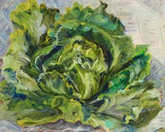 3416 Janet Gaynor (1906-1984) "London's Woner Lettuce" Oil on canvas Appears unsigned; titled and inscribed in ink on the stretcher bar: "J.G. # 102" 12 x 16 in. Estimate: $500 - $700