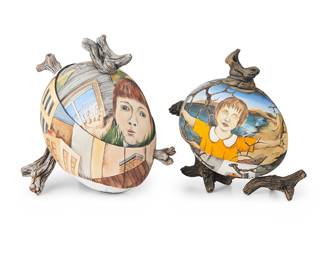 3082 Julia Feld (20th/21st Century) Two painted ceramic studio teapots, late 20th century Each unmarked 2 pieces Height of taller 5 5/8 in., width 4 3/4 in., depth 4 1/2 in. Estimate: $200 - $400