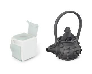 3074 Two studio ceramic teapots Two works: A Virebent Porcelaine teapot, 1990s Glass and porcelain Unmarked Height 7 1/8 in., width 5 7/8 in., depth 3 3/4 in. Jeff Brown (20th/21st Century) "Tea Under Pressure," late 20th century Black bisque clay Incised to underside: JEFF BROWN CROMWELL NZ Height 9 1/2 in., width 8 3/4 in., depth 6 in. 2 pieces Estimate: $200 - $400