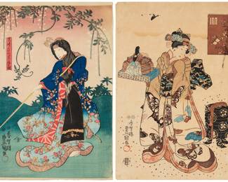 3341 Utagawa Kunisada (Toyokuni III) (1786-1865) Two works: "Gosechi no Hana Zukushi" Woodcut in colors on laid Japanese paper From the edition of unknown size and date With various Japanese characters and seals Image/Sheet: 14 3/4 x 10 /8 in. Bijin-ga (Beautiful woman in a garden) Woodcut in colors on laid Japanese paper From the edition of unknown size and date With various Japanese characters and seals Image: 14 1/2 x 10 1/4 in.; Sheet: 15 x 10 3/8 in. Estimate: $200 - $300