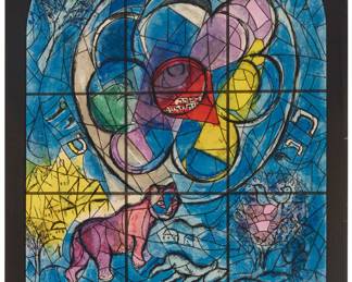 3382 After Marc Chagall (1887-1985) Tribe of Benjamin poster for the Musee des Arts Decoratifs exhibition "Chagall: Vitraux pour Jerusalem," by Charles Sorlier, 1961 Lithograph in colors on thin wove paper without watermark From the poster edition of 2000 with text (aside from the separate signed and numbered edition of 150 plus 75 in Roman numerals and at least 10 artist's proofs, all on Arches paper, without text, printed in 1964 for the "Twelve Maquettes of Stained Glass for Jerusalem" series) Signed in white pencil below the image: Marc Chagall; Mourlot, Paris, France, prntr.; Musee des Arts Decoratifs, Paris, France, pub. Image/Sheet: 31 1/2 x 20 3/8 in Estimate: $200 - $400