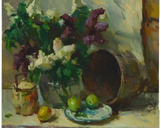 3179 Sergei Bongart (1918-1985) Still life of florals and fruit Oil on Masonite Unsigned; inscribed "5" and "#10" all in pencil, verso 34 1/4 x 40 1/4 in. Estimate: $500 - $700