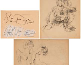 3376 Hans Burkhardt Three works: Two reclining figures Charcoal and pastel on paper Signed: H. Burkhardt, and with the artists embossed monogram, all lower right Sheet: 11 1/2 x 16 in. Three standing figures, 1947 Pastel on brown paper Signed and dated in blue ink: H. Burkhardt / 1947, and with the artists embossed monogram, all lower right Sheet: 18 1/4 x 24 1/8 in. Two figures, 1945 Charcoal on paper Signed and dated in pencil: H. Burkhardt / 1945, and with the artists embossed monogram, all lower right Sheet: 24 1/8 x 18 1/8 in. Estimate: $300 - $500