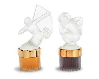 3051 Two Lalique glass 'Flacon Collection' perfume bottles Late 20th/early 21st century Comprising Fawn and Sagittarius, including original scent in the 100ml bottle, the latter in original box Each with factory label and etched: Lalique ® France 2 pieces Height of taller 8 in., width 4 3/4 in., depth 3 in.; height of box 4 1/2 in., width 9 3/8 in., depth 5 7/8 in. Estimate: $400 - $600
