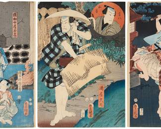 3350 Three Japanese woodcuts by various artists Three works: Utagawa Kunisada (Toyokuni III) (1786-1865) Two figures in an interior with a blue floor Woodcut in colors on Japanese laid paper From the edition of unknown size and date With various printed Japanese characters Image/Sheet: 14 x 9 1/8 in. Utagawa Kunisada (Toyokuni III) (1786-1865) A scene with two figures, likely from the play "Akegarasu hana no nureginu" Woodcut in colors on Japanese laid paper From the edition of unknown size and date With various printed Japanese characters Image/Sheet: 14 3/4 x 10 1/8 in. Artist Unknown (19th century) A man with a hat by a stream Woodcut in colors on Japanese laid paper From the edition of unknown size and date With various printed Japanese characters Image/Sheet: 13 7/8 x 9 1/2 in. Estimate: $200 - $300