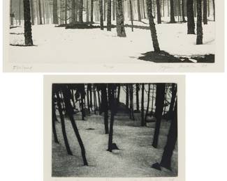 3041 Stephen McMillan (b. 1949) Two works: "Finland," 1979 Etching and aquatint on wove paper Edition: 72/120 Signed, titled, dated, and numbered in pencil in the lower margin: Stephen McMillan 79 Plate: 4 x 11 1/2 in.; Sight: 5 x 12 1/2 in. "January Morning," 1979 Etching and aquatint on wove paper Edition: 32/120 Signed, titled, dated, and numbered in pencil in the lower margin: Stephen McMillan 79 Plate: 6 1/2 x 7 5/8 in.; Sight: 7 1/4 x 8 3/4 in. Estimate: $300 - $500
