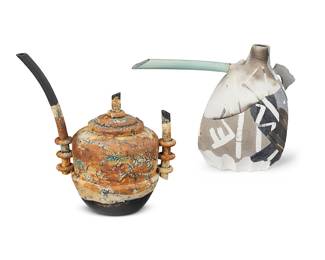 3078 Two studio ceramic teapots Two works: Patrick Shia Crabb (b. 1947) A slab-built ceramic teapot, late 20th/early 21st century Signed and numbered to underside: P CRABB #3700 Height 11 3/4 in., width 16 3/8 in., depth 6 3/4 in. Greg Riley (20th/21st Century) A glazed ceramic teapot, late 20th century Incised signature: Greg Riley Height 12 1/2 in., width 12 1/4 in., depth 7 in. 2 pieces Estimate: $400 - $600