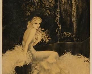 3297 Louis Icart (1888-1950) "Orchids," 1937 Drypoint, etching, and aquatint in colors with touches of hand coloring on wove paper From the edition of unknown size Signed in pencil, and with the artist's windmill blindstamp along the lower platemark: Louis Icart; inscribed in ink, near the upper right platemark "©. Copyright 1937 by L. Icart city. N.Y." Plate: 28 x 19 1/2 in.; Sight: 28 1/2 x 20 in. Estimate: $400 - $600