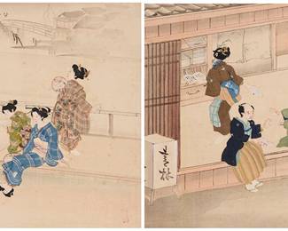 3010 Two Japanese padded silk Oshi-e panels Edo period (circa 19th century) or later Comprising two works in the Oshi-e technique, each featuring a padded fabric-covered dimensional composition of figures in domestic scenes within a landscape as well as in a structure, with embroidered, painted pigment, and ink embellishments Each with stamped seal to right corner Sight: each 8 5/8 x 10 3/4 in. Estimate: $800 - $1,200