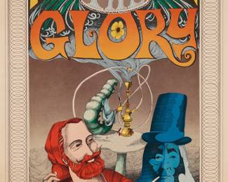3329 Rick Griffin (1944-1991) "Mine Eyes Have Seen the Glory," 1967 Lithographic poster in colors on paper From the edition of unknown size; second printing With the signature and "#101" printed as part of the image, lower right; Berkeley Bonapart, Berkeley, CA, pub. with their copyright and date printed as part of the image lower left Image: 18 1/4 x 13 in.; Sight: 19 x 13 3/4 in. Estimate: $200 - $300