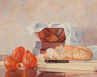 3286 Stephen Stavast (1945-2023) Still life with bread and oranges, 1975 Watercolor on paper Signed and dated center right: Stavast / 75 Sight: 17 x 27 in. Estimate: $200 - $400