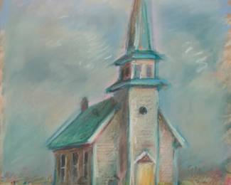 3248 Anders Aldrin (1889-1970) "Church Near Mollala Oregon," 1939 Pastel on paper Signed lower left: Aldrin; signed "Anders Aldrin," titled, dated, and inscribed with the artist's Los Angeles, CA address, all in pencil on the frame's backing board Sight: 13 1/2 x 10 1/2 in. Estimate: $300 - $500
