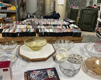 Glassware, serving pieces, VHS, DVDs, CDs cassettes