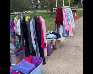 More women’s clothing than you can imagine!! I have it boxed until next sale day. most new with tags. Size m-xl. Vintage and recent. Dresses, nightgowns, sweaters, t shirts, pants, $1 coats $5