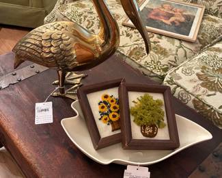 Royal Haeger Ceramic Leaf Dish, Brass Pelican Sculpture