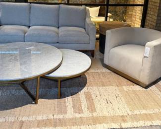 Marble top and brass coffee tables, sofa, armchair
