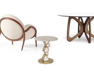 Luna armchair, end table, Butterfly dining table