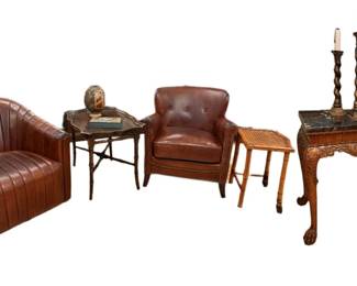 Leather club chairs, side tables, marble top table, candlesticks, accessories