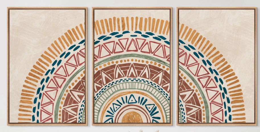 Sun Geometric Pattern — Framed Canvas Set of 3 Panels — natural wood frame, each panel 16” wide x 24” high. Boho sun/geometric pattern, displays as one wide piece.