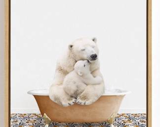 Mother/Baby Polar Bear Bath Scene — natural wood color frame, 18” x 24”.
