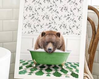Bear-in-a-Bathtub Bath Art — white frame, 18” x 24”.