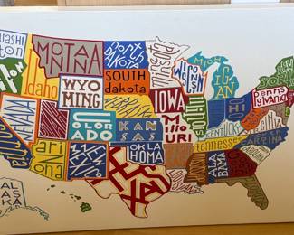 Pottery Barn USA Map Canvas Art — 40” wide x 28” tall x 1.5” deep. Colorful state-name typography design.