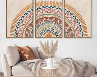 Sun Geometric Pattern — Framed Canvas Set of 3 Panels — natural wood frame, each panel 16” wide x 24” high. Boho sun/geometric pattern, displays as one wide piece.