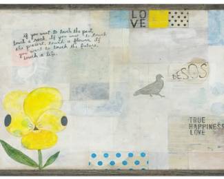 Yellow_Pansy_Sugarboo - Yellow Pansy Horizontal Art Print by Sugarboo — Grey wood frame, 24” wide x 36” tall. Mixed-media yellow pansy design with sentimental text.