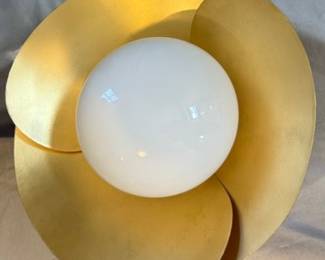 Pendant_Light_Gold_Leaf.png Pendant Light — Gold Leaf Finish — layered, petal-like gold leaf shades with a center white opal glass globe. 17” wide. Excellent condition.