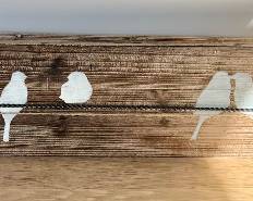 Bird On Wire Wood Art — birds-on-a-wire design, 66” wide x 7” tall x 1¼” deep. Great long, narrow accent piece.