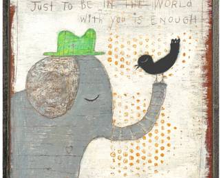 “In the World With You” Art Print by Sugarboo — grey wood frame, 24” square. Whimsical elephant-and-bird design with sentimental text