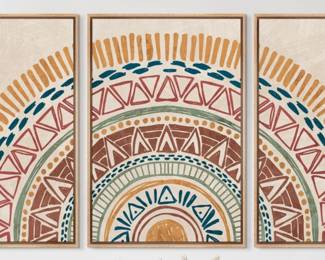 Sun Geometric Pattern — Framed Canvas Set of 3 Panels — natural wood frame, each panel 16” wide x 24” high. Boho sun/geometric pattern, displays as one wide piece.