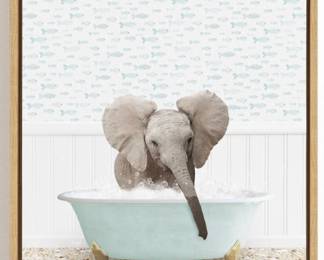 Playful Baby Elephant Bath Scene — natural wood frame, 18” x 24”.