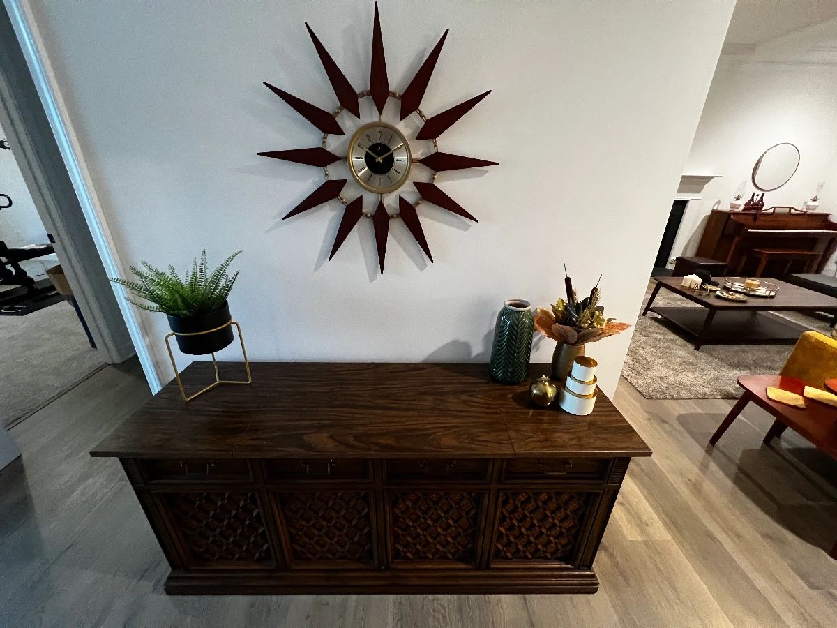 Vintage Record Player Cabinet, Starburst Clock, Decor
