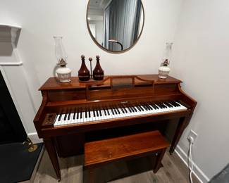 Upright Piano, round wall mirror, Oil Lamps