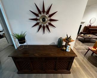 Vintage Record Player Cabinet, Starburst Clock, Decor