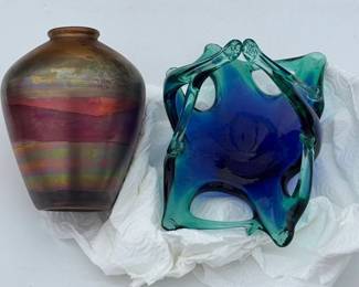 Weller LaSa Iridescent Luster Pottery Vase & Vintage Murano Art Glass Dish - Green/Blue