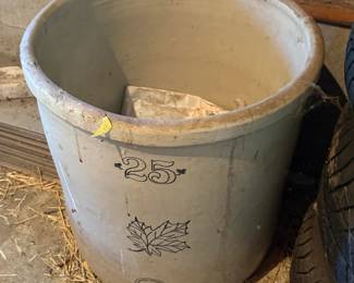 Antique Western Stoneware 25-Gallon Crock – Maple Leaf Mark – White Cloud