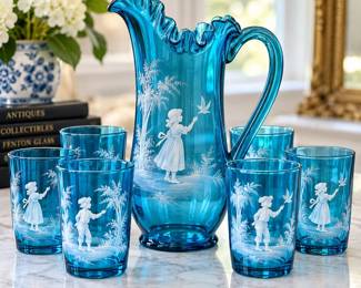 c. 1958–59 Rare Fenton Jamestown Blue Mary Gregory 7-Pc Set – Ruffled Pitcher & 6 Tumblers – Potterville