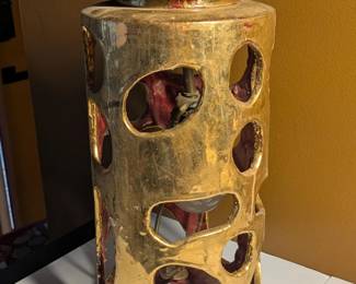 Cool Mid Century Modern Brutalist Style Swag or Ceiling Lamp - Gold Exterior/Red Interior
