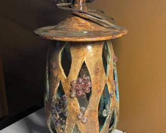 Vintage Mid Century Brutalist Ceiling or Swag Lamp - Brown with Turquoise Interior